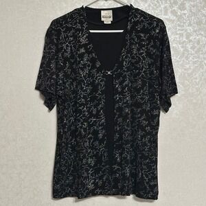 TR Bentley Plus‎ Black Glitter Floral Scroll Layered Look Top Vintage Y2K XL